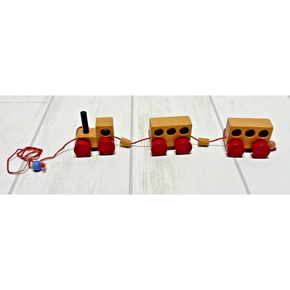 VTG Wooden Toy Train Pull String Toy Red Wheels 3 cars